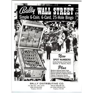 Bally Wall Street 6-Coin 6-Card 25-Hole Bingo Pinball Machine Flyer